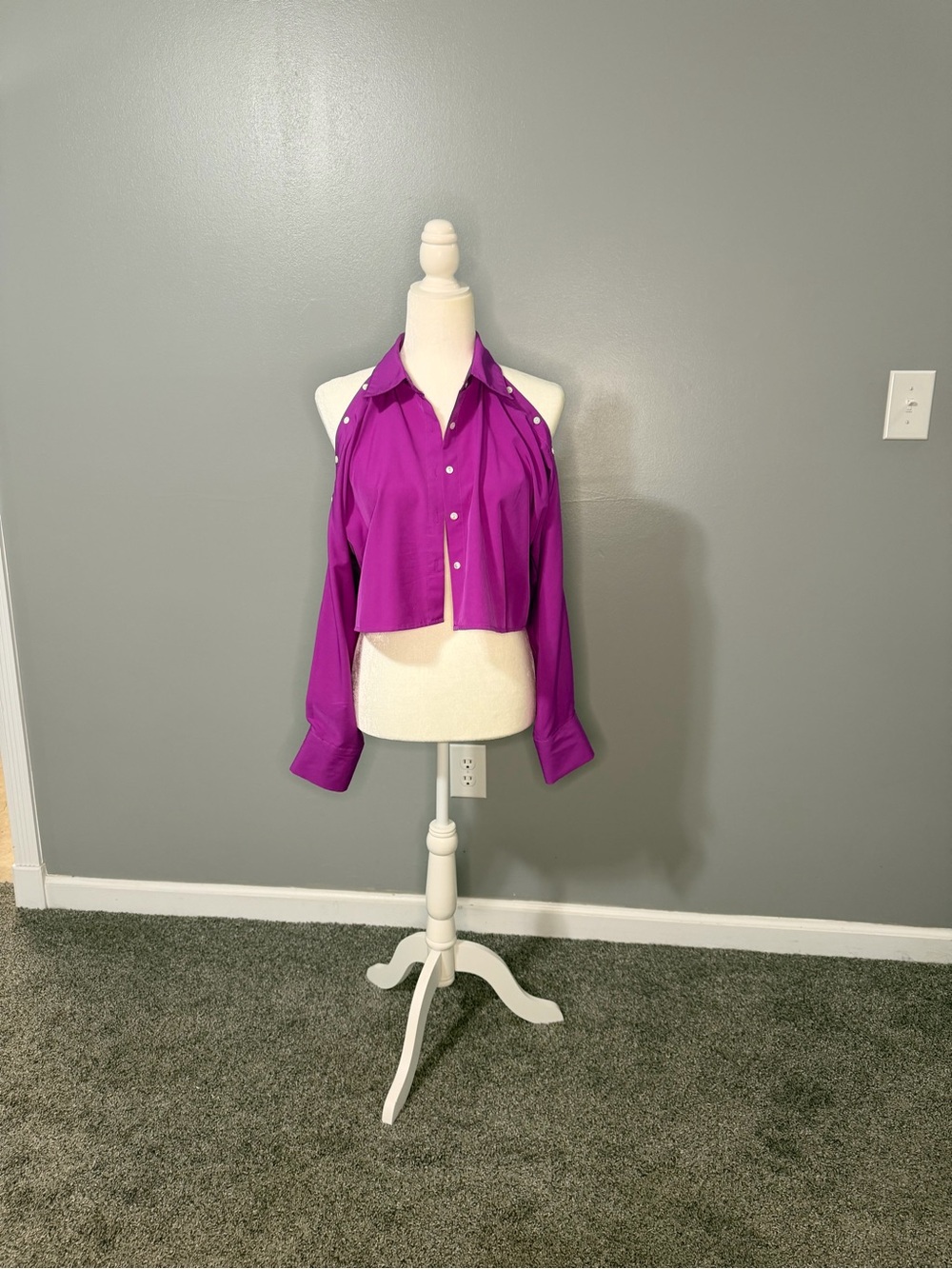 Women's Purple Cold-Shoulder Cropped Button-Down Shirt